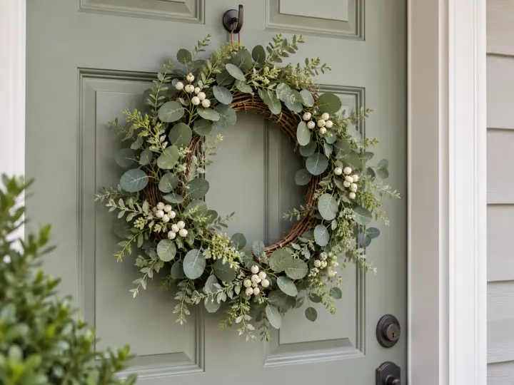 A complete artificial greenery wreath hanging on a pale painted door, with its full circular outline visible.