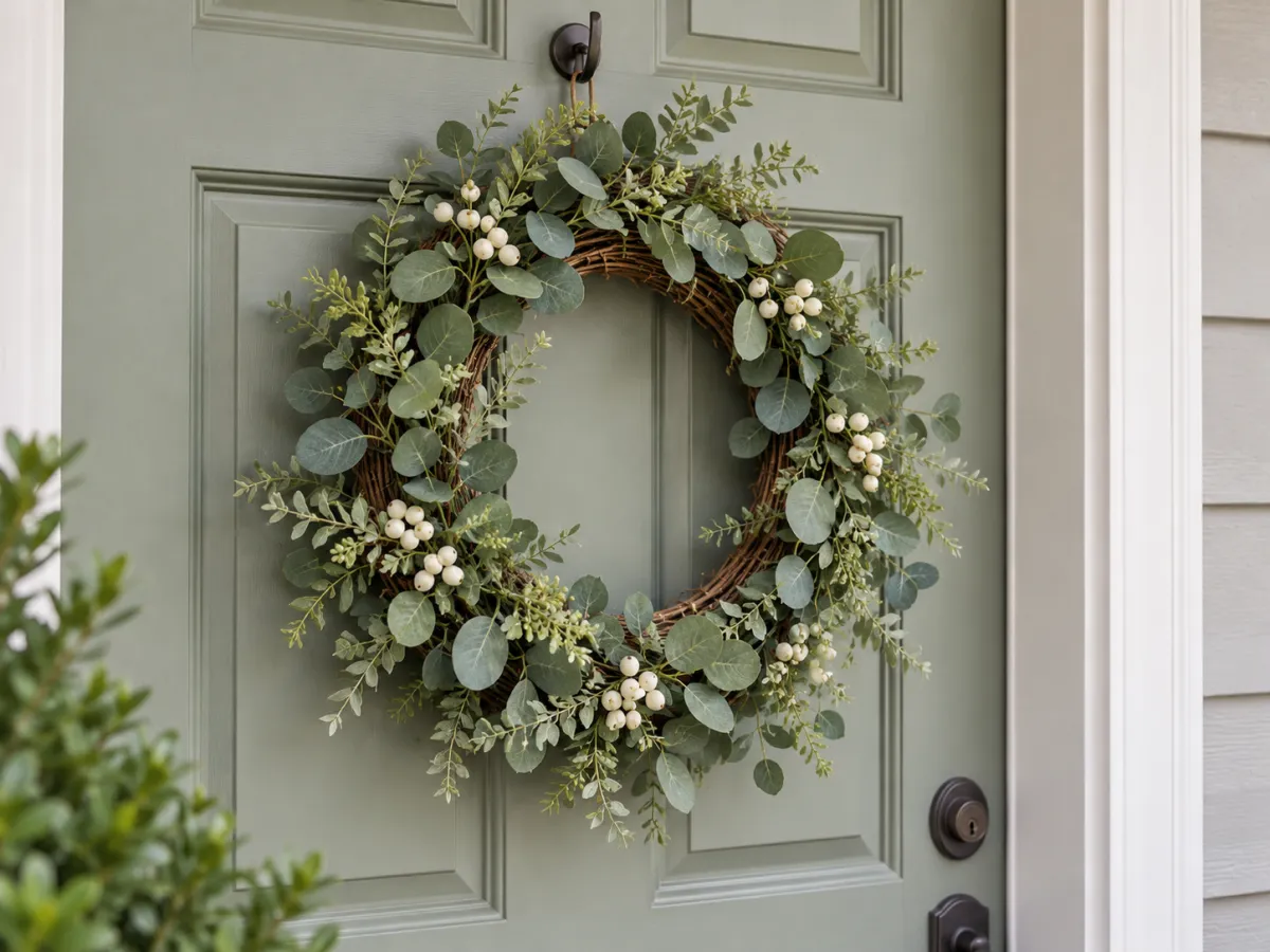 A complete artificial greenery wreath hanging on a pale painted door, with its full circular outline visible.