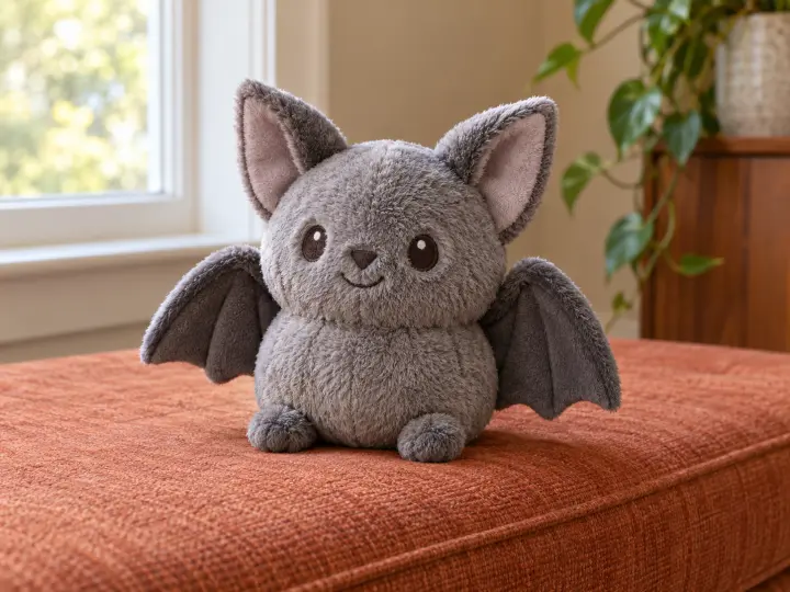 An original small gray bat plush with embroidered features and softly folded wings, seated on a bench.