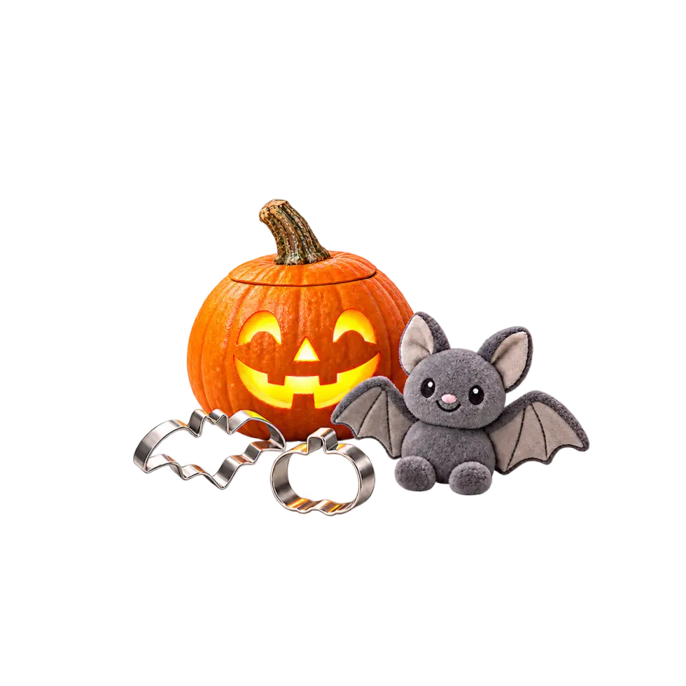 A friendly glowing jack-o’-lantern beside a gray bat plush toy and two metal Halloween cookie cutters.