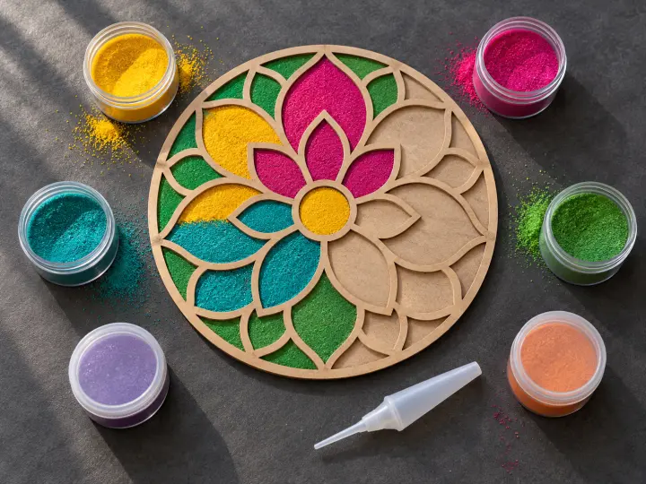 A half-filled wooden floral rangoli board with six pots of colored craft sand and a dispensing tool on a charcoal work surface.