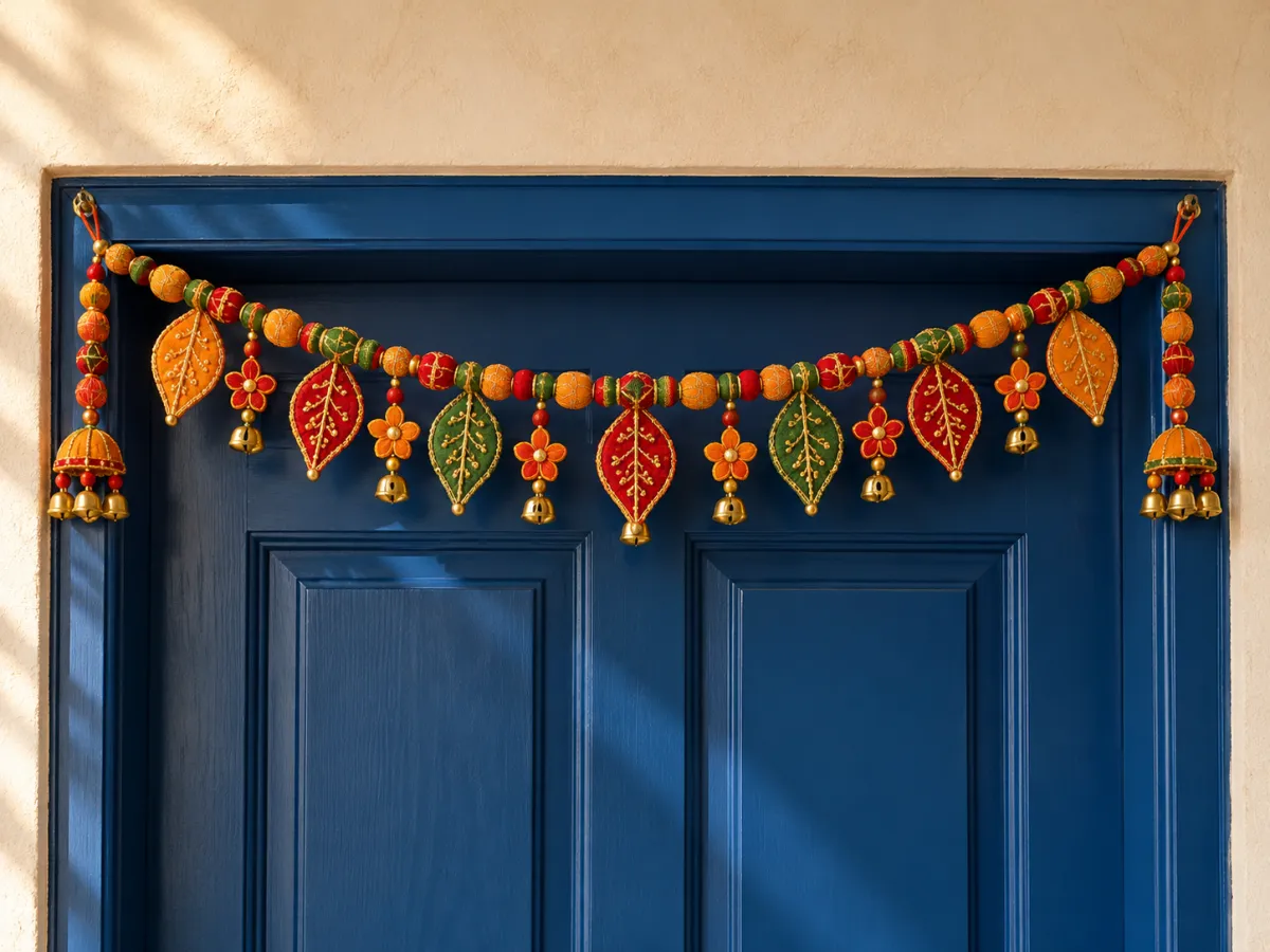An orange, red and green textile toran with small brass bells hanging across a blue interior doorframe.