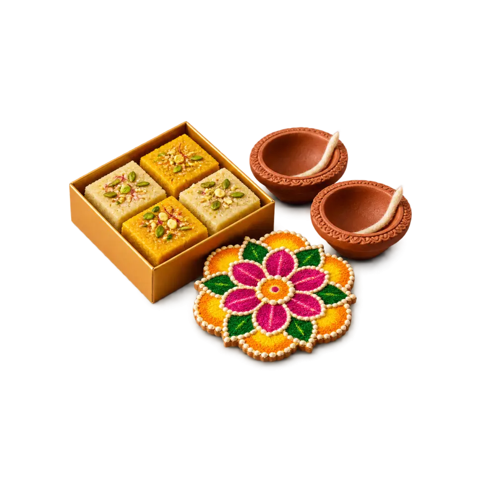 A box of sweets, two unlit clay diyas and a colorful floral rangoli board, illustrating different Diwali gift choices.