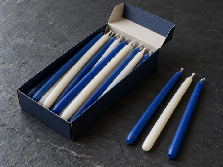 An open navy carton of slender blue and ivory Hanukkah candles, with three unlit candles beside it.