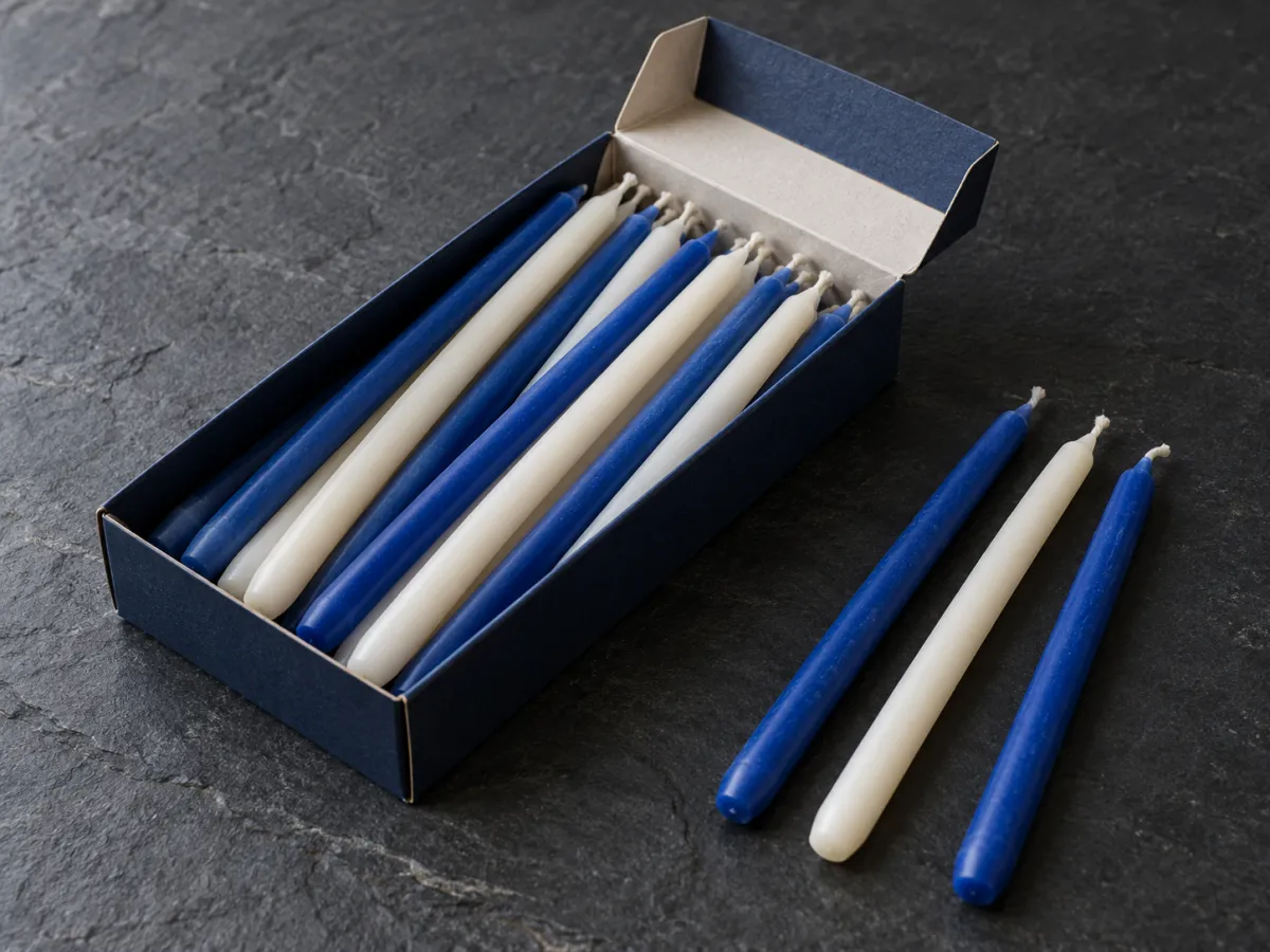 An open navy carton of slender blue and ivory Hanukkah candles, with three unlit candles beside it.
