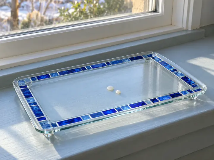 A clear rectangular glass menorah drip tray with a blue geometric border and two small wax drops on a windowsill.
