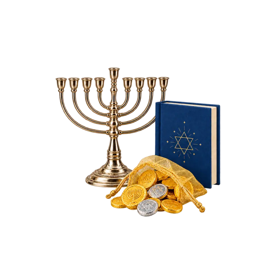 A nine-cup Hanukkah menorah, closed blue storybook and a small pouch of chocolate coins, illustrating different gift choices.