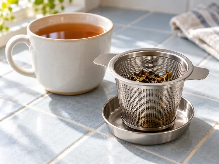 A stainless steel mesh tea basket with damp leaves rests on a drip dish beside a cup of amber tea.