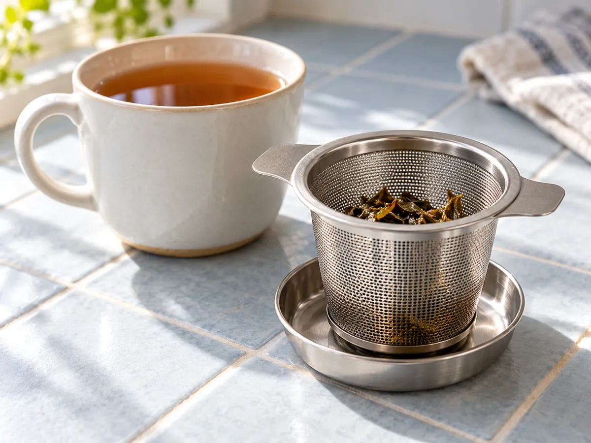 A stainless steel mesh tea basket with damp leaves rests on a drip dish beside a cup of amber tea.