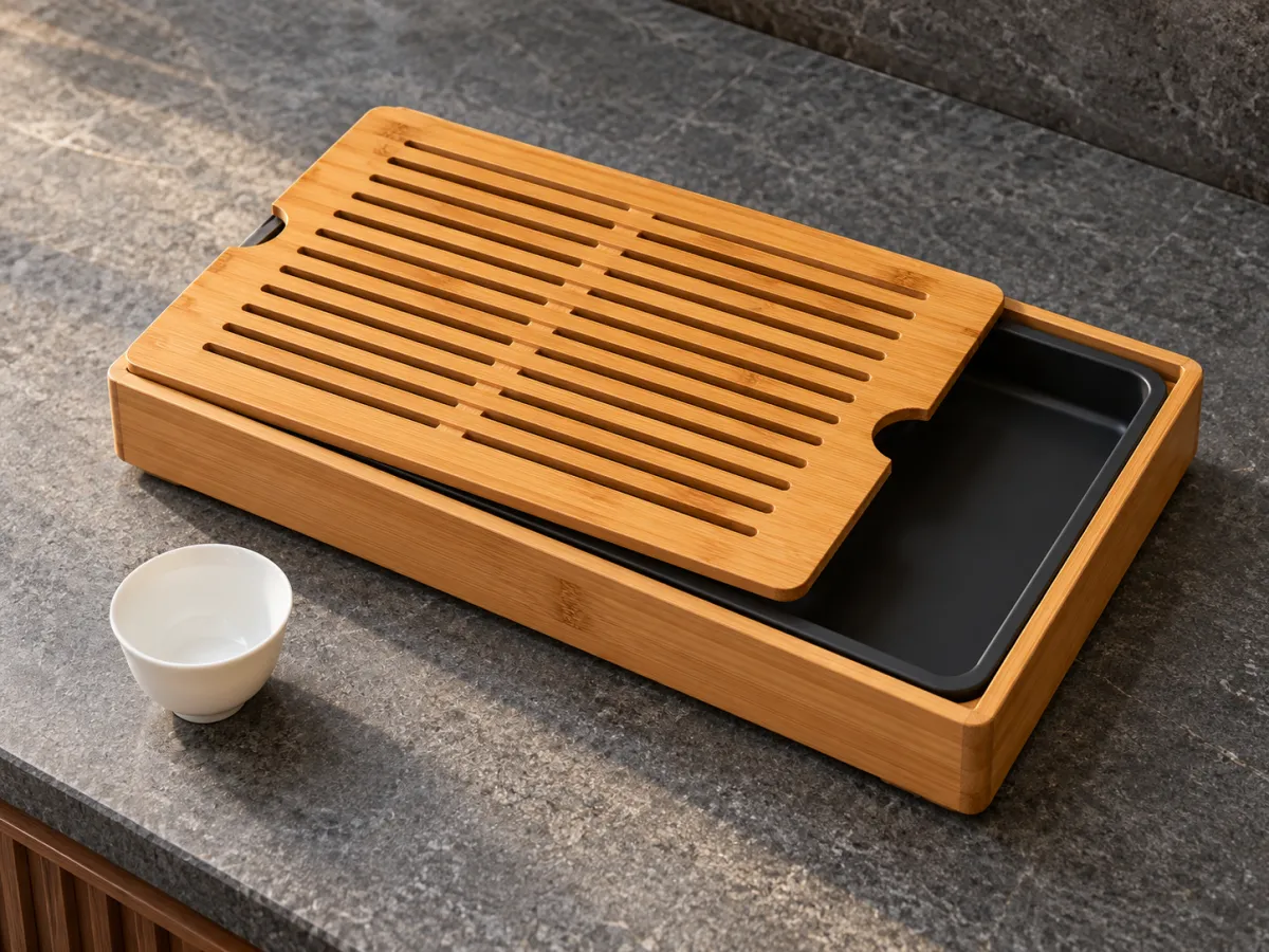 A bamboo gongfu tea tray with its slatted top moved aside to show the black water reservoir underneath.