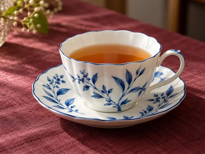 A white porcelain teacup of amber tea with blue botanical decoration on its matching saucer and burgundy linen.