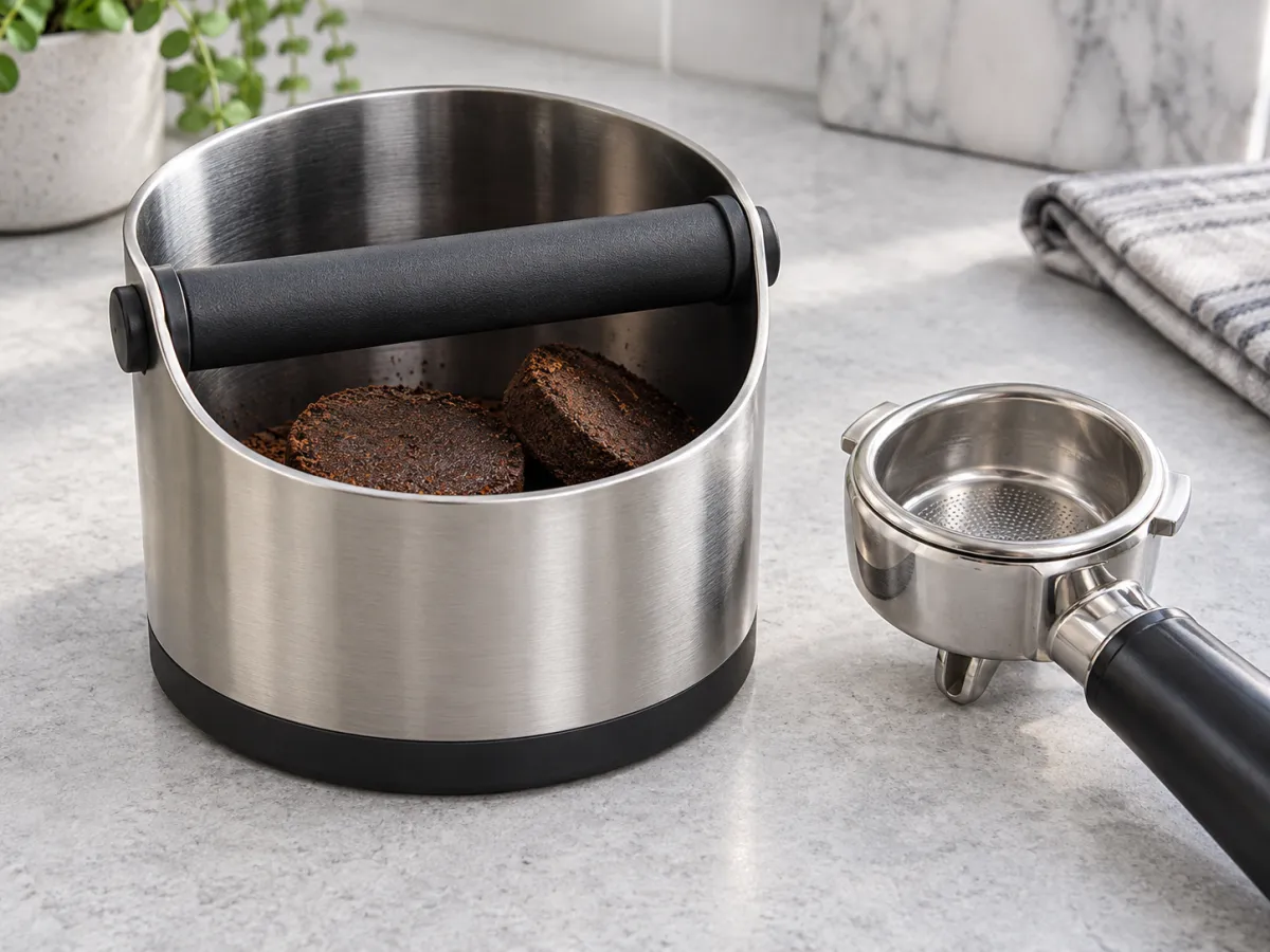 A brushed steel espresso knock box with a black bar and two spent coffee pucks, beside an empty portafilter.
