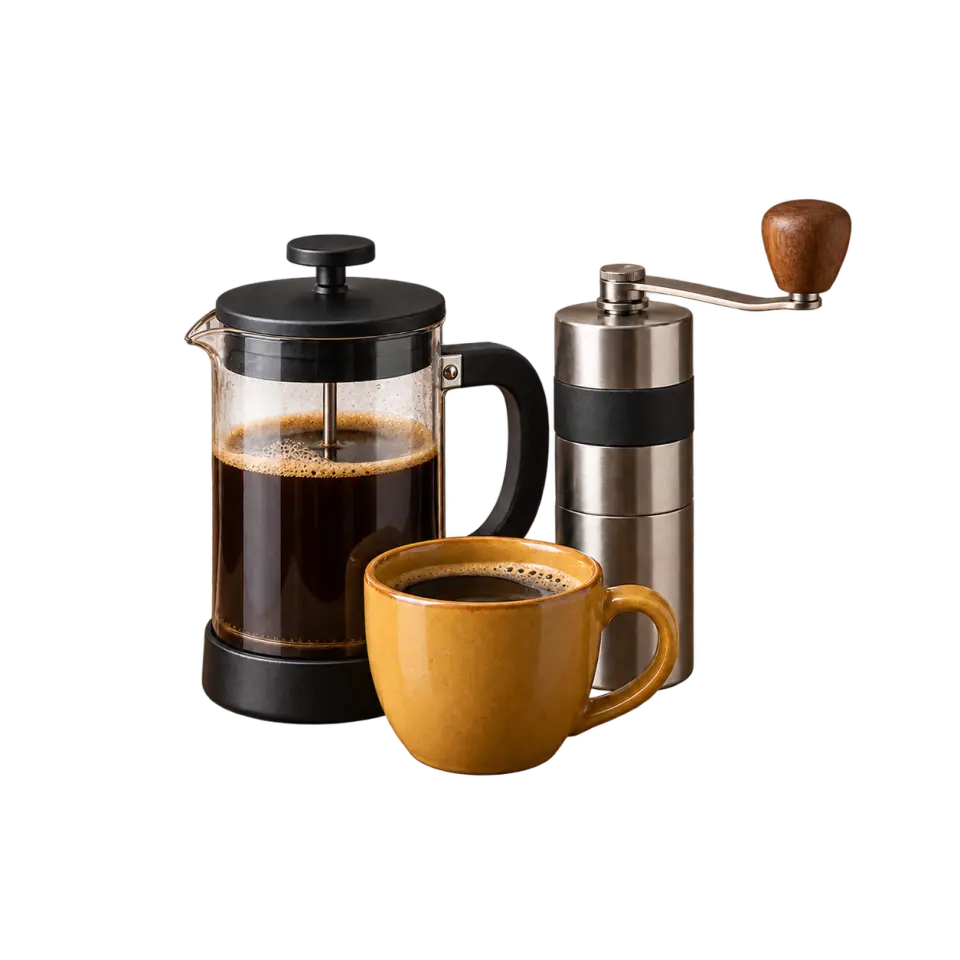 A glass French press, a manual coffee grinder and an ochre cup of coffee, grouped on a transparent background.