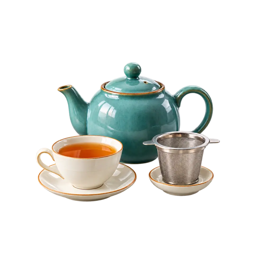 A teal teapot, a white cup of amber tea on a saucer and a separate metal tea basket, isolated on transparency.