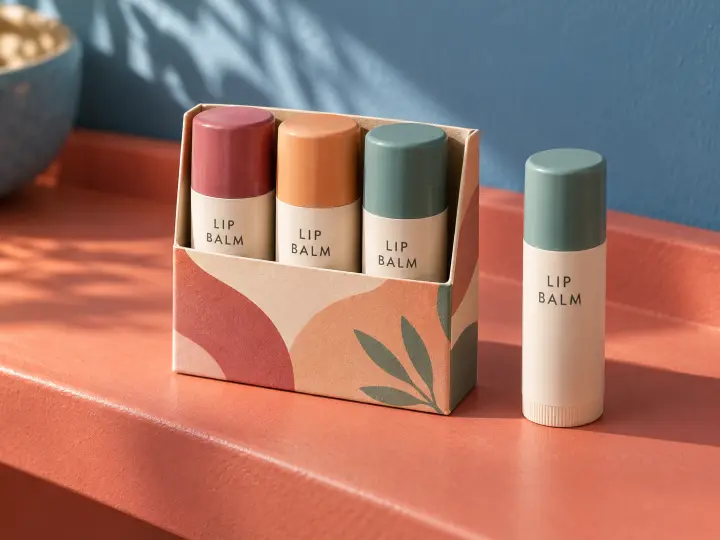 Three capped lip balm tubes in a slim open gift sleeve beside one matching closed balm.