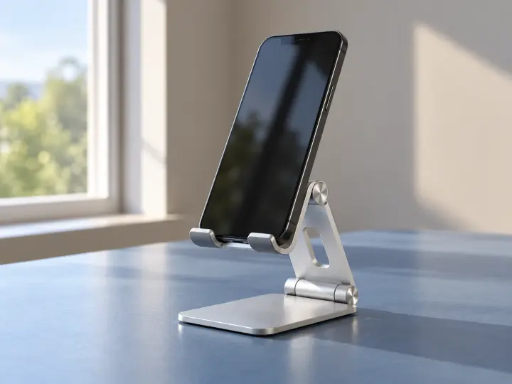 A folding metal tabletop phone stand supporting a plain phone on a blue desk.