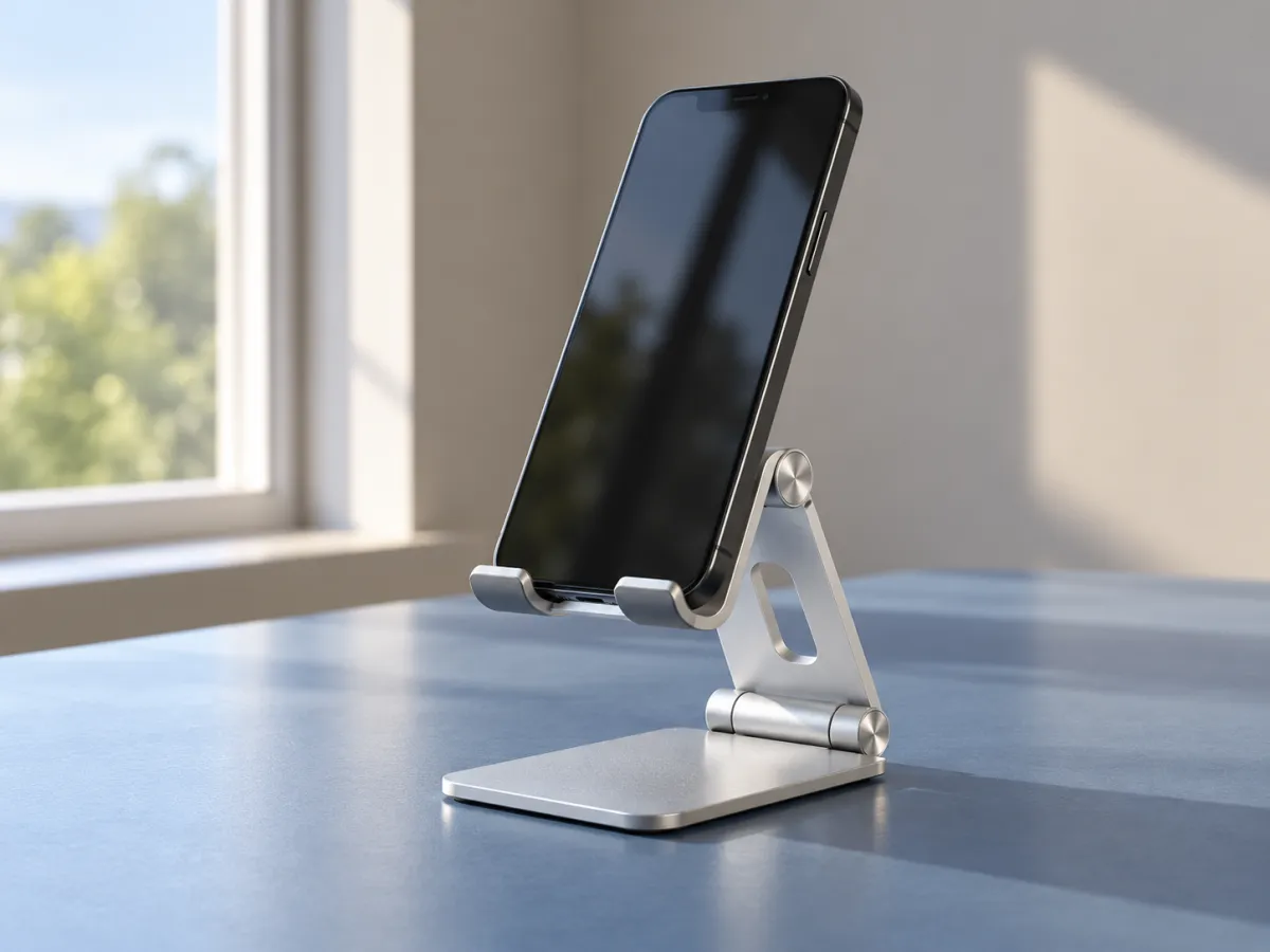 A folding metal tabletop phone stand supporting a plain phone on a blue desk.