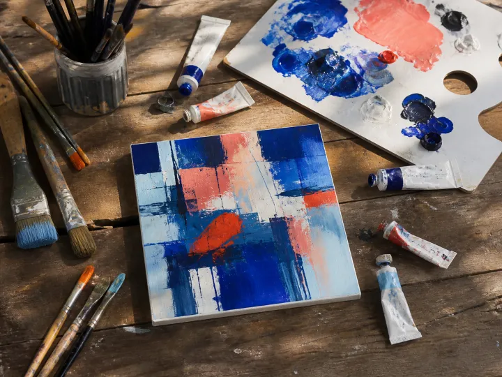 Acrylic paints, brushes and a palette surrounding a small blue and coral abstract canvas.