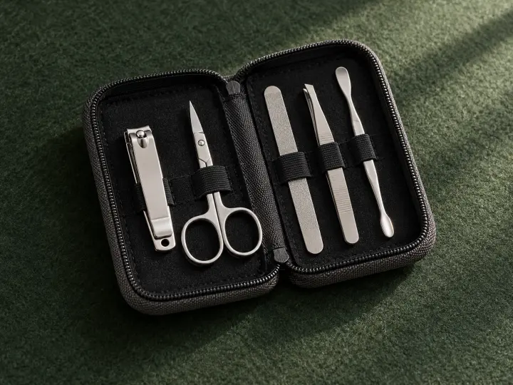 An open charcoal manicure case holding a nail clipper, scissors, file, tweezers and a cuticle tool.