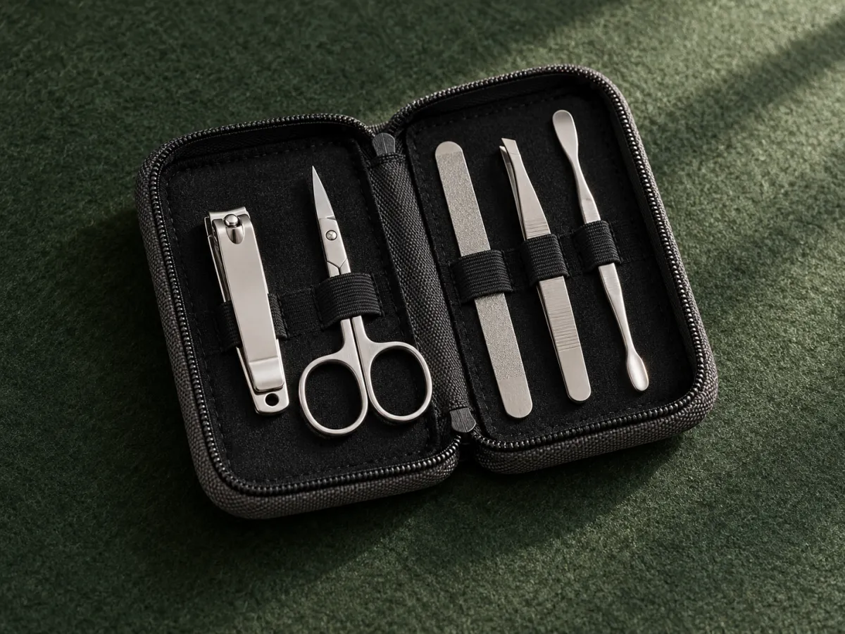 An open charcoal manicure case holding a nail clipper, scissors, file, tweezers and a cuticle tool.