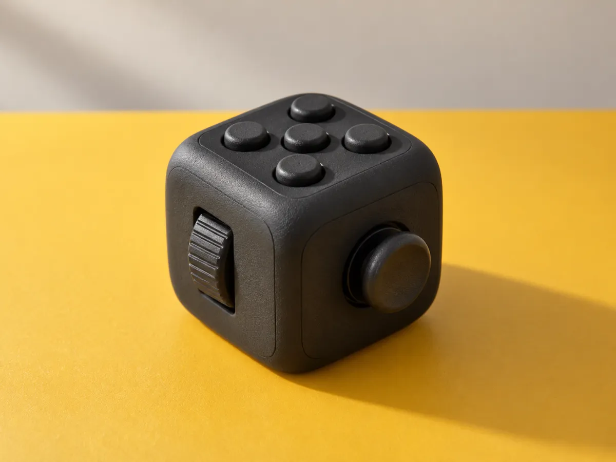 A charcoal tactile fidget cube with buttons, a roller and a thumb control on a yellow desk.