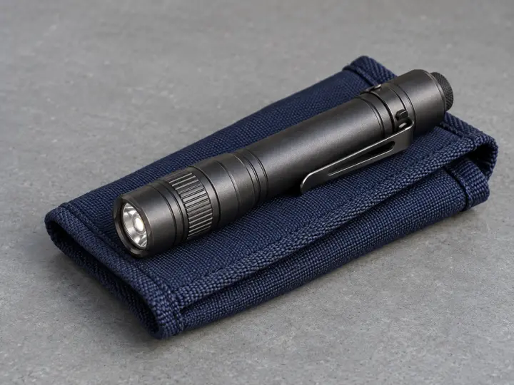 A slim metal pocket flashlight with a side clip resting on a dark blue fabric pouch.