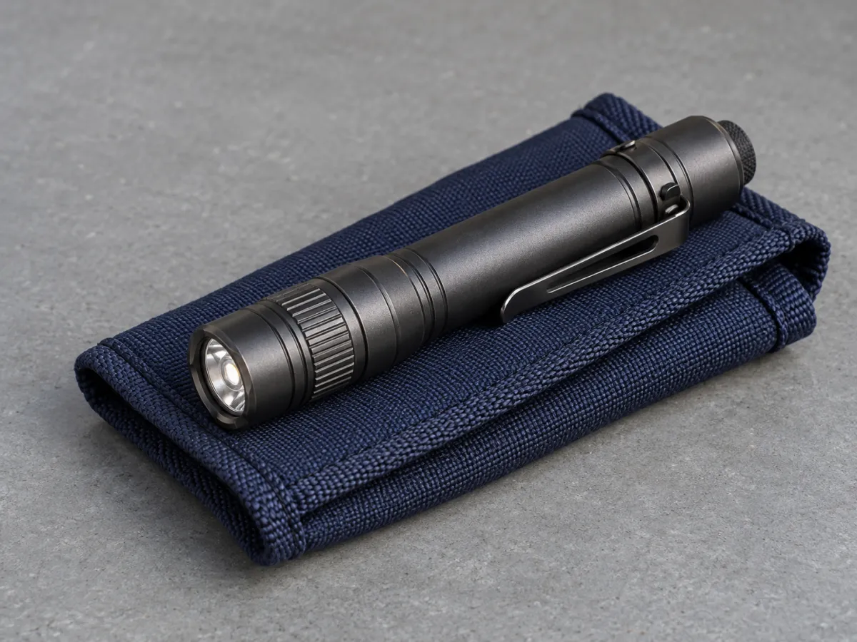 A slim metal pocket flashlight with a side clip resting on a dark blue fabric pouch.
