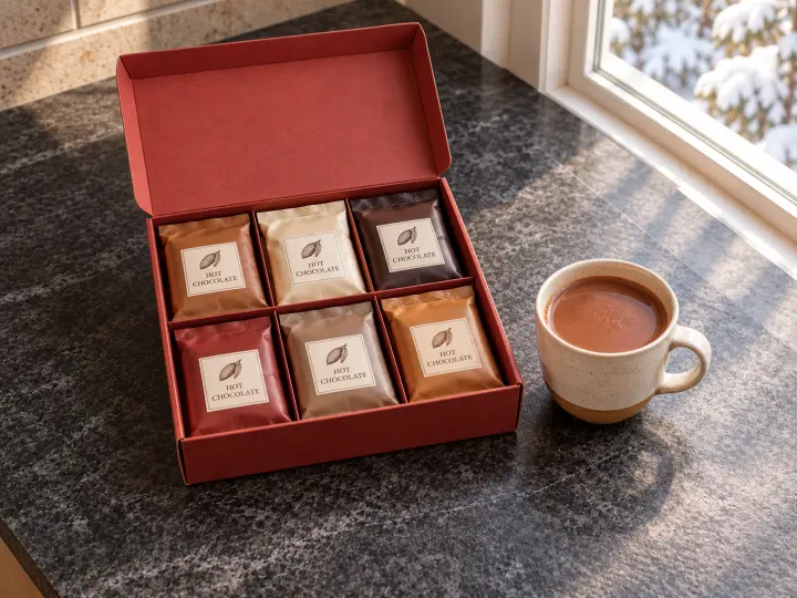 Six hot chocolate sachets in an open red gift box beside a cup of prepared hot chocolate.
