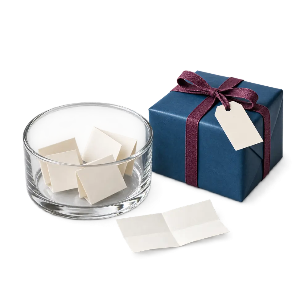A bowl of folded name-draw slips beside one blue wrapped gift.