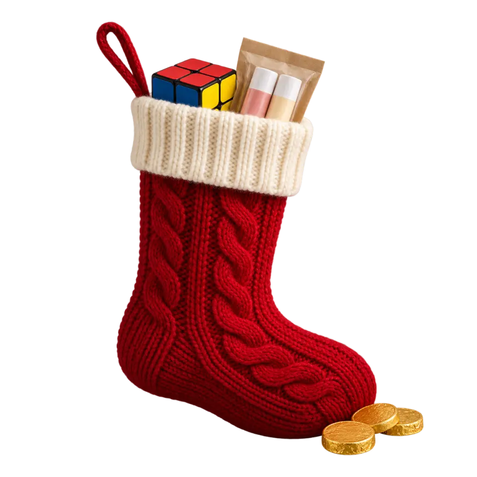A red Christmas stocking holding a small turning puzzle and lip balms, with chocolate coins beside the toe.