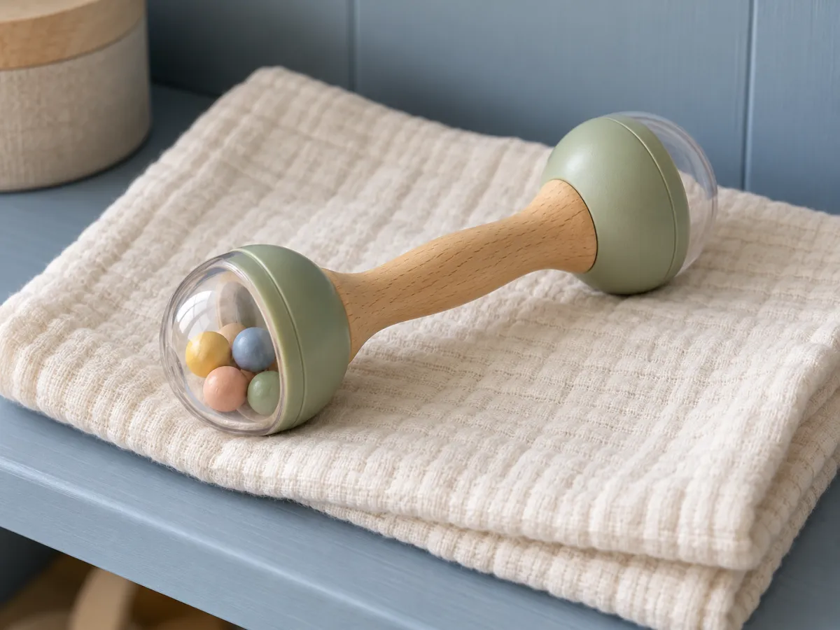 A wooden-handled baby rattle with sage-green ends and enclosed colored beads, resting on cream muslin.