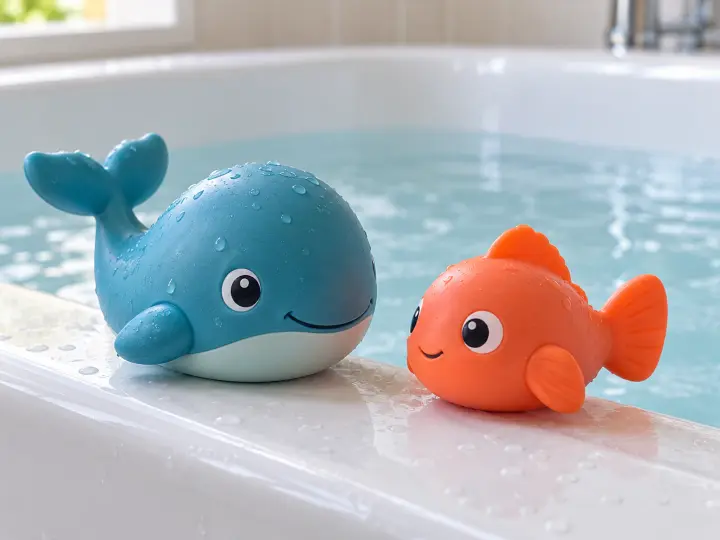 Two sealed floating bath toys, a teal whale and coral fish, on a white bath rim beside blue water.