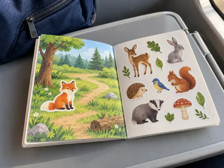 An open woodland sticker activity book with a fox in a forest scene and animal stickers on the facing sheet.