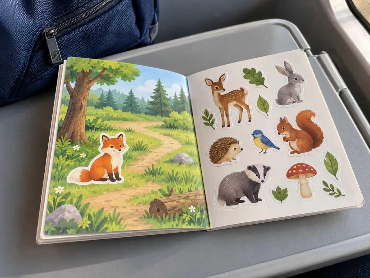An open woodland sticker activity book with a fox in a forest scene and animal stickers on the facing sheet.