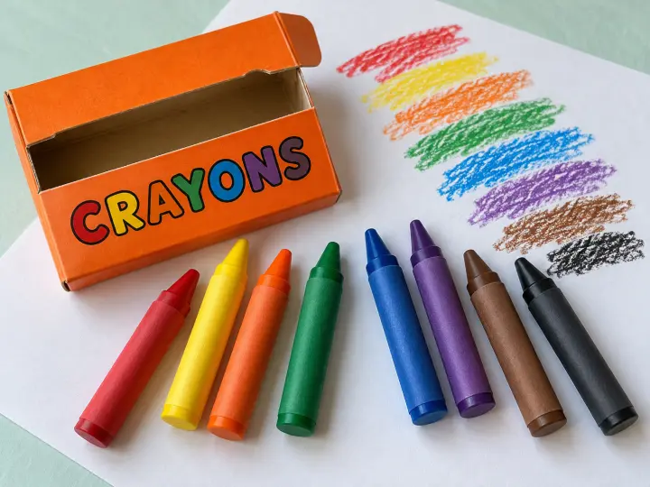 Eight wax crayons in different colors beside an orange crayon box and a sheet of colorful scribbles.
