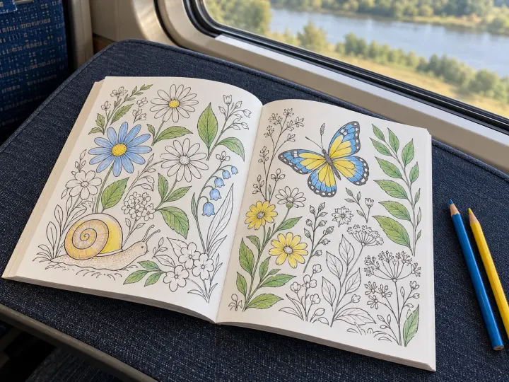 An open coloring book with original flower and animal outlines, partly colored, beside two pencils on a lap desk.