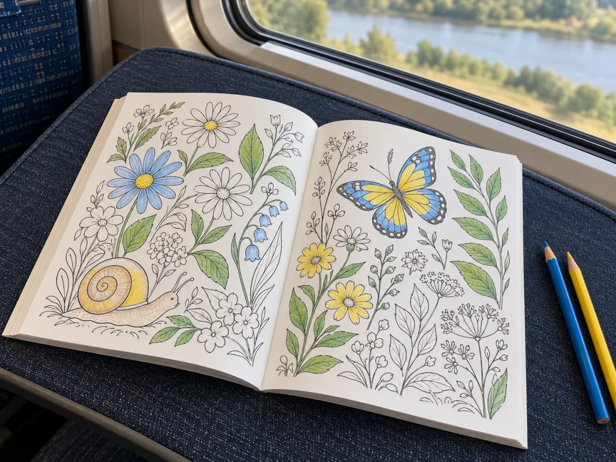 An open coloring book with original flower and animal outlines, partly colored, beside two pencils on a lap desk.