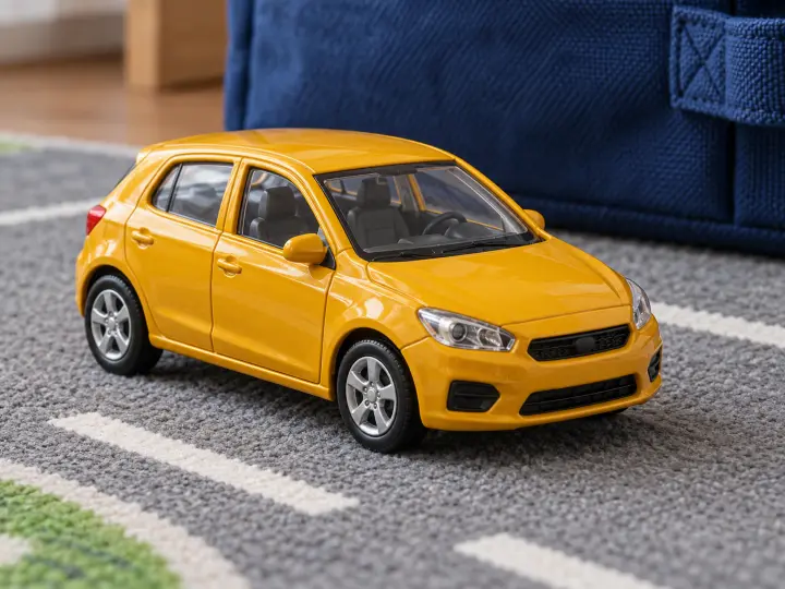 A small mustard-yellow die-cast hatchback toy car with black wheels on a gray road play mat.