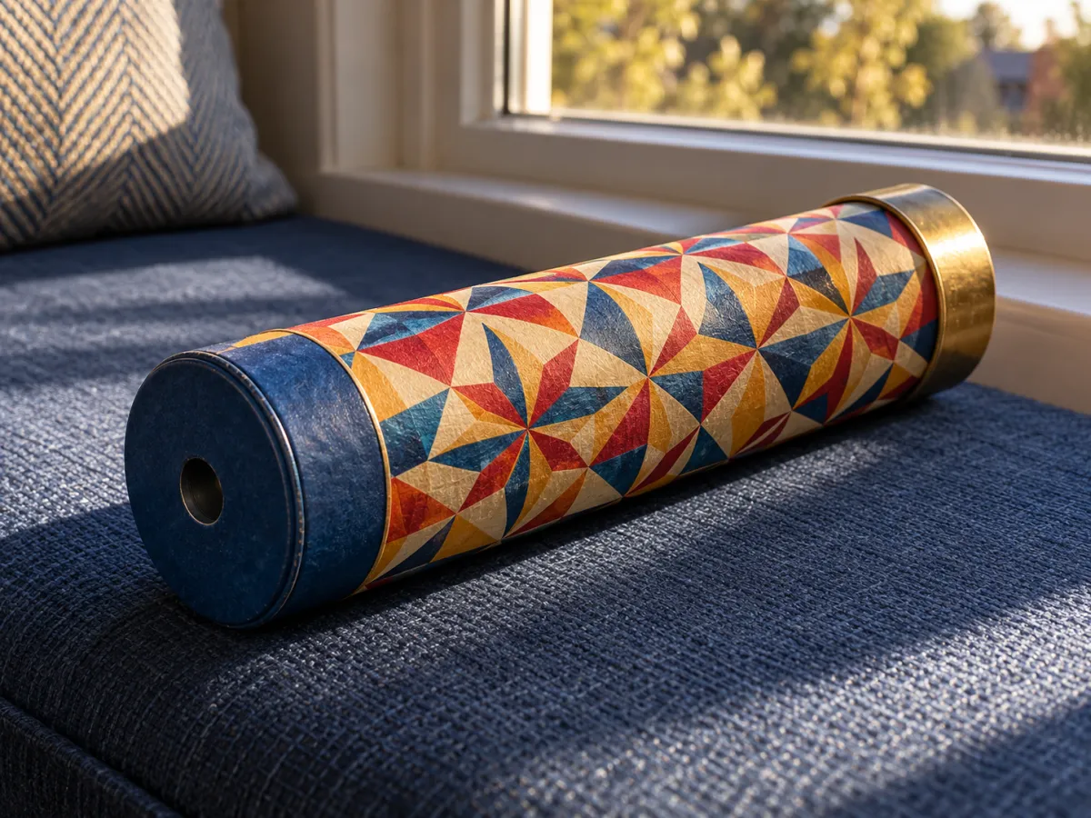 A short geometric-patterned toy kaleidoscope with a blue viewing end and gold turning ring on a blue window seat.