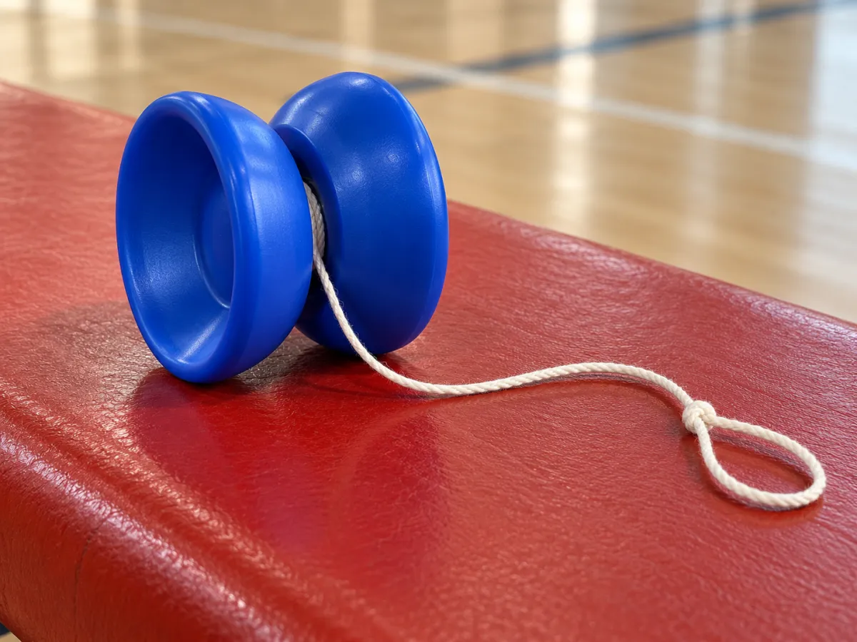 A blue butterfly-shaped yo-yo with a single cream string and finger loop on a red bench.