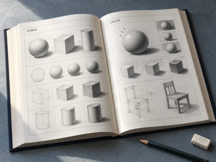 An open drawing reference book with printed form and shading studies on a blue-gray studio desk.