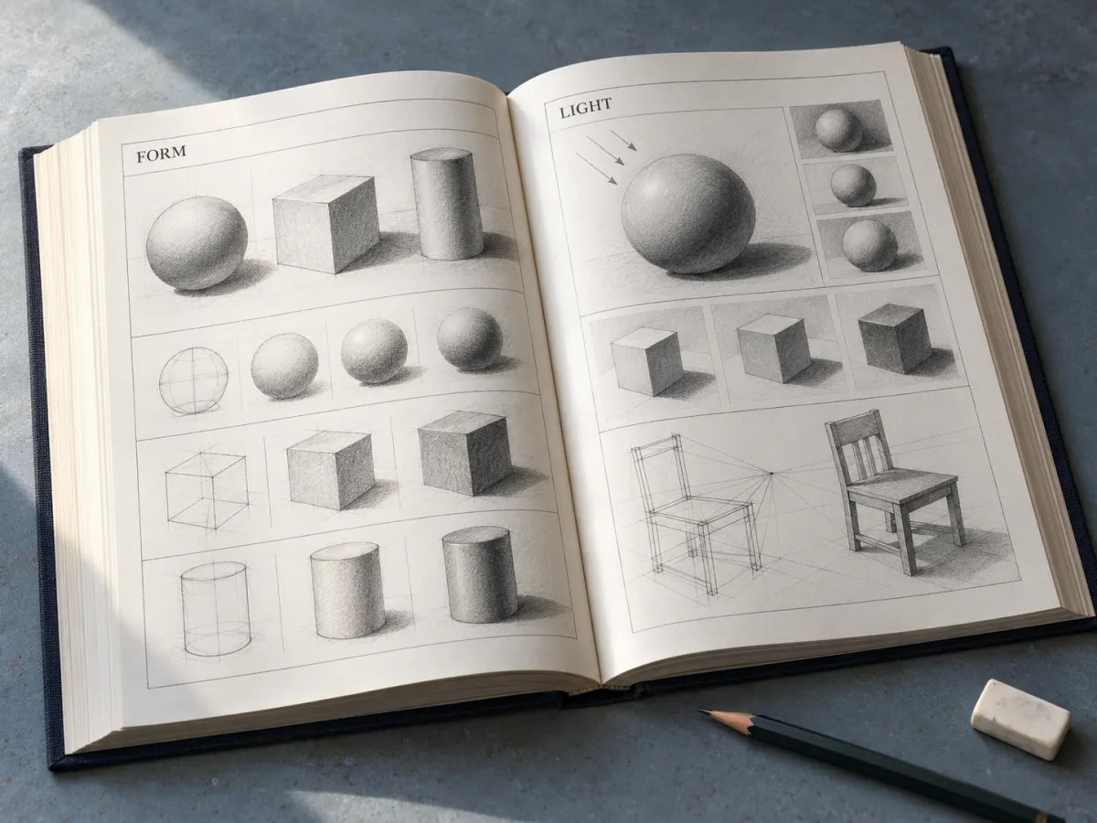 An open drawing reference book with printed form and shading studies on a blue-gray studio desk.