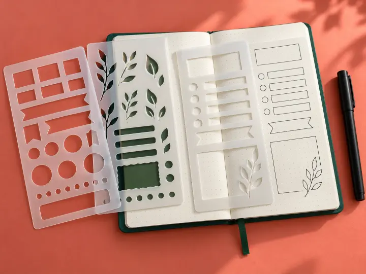 Three translucent journaling stencil sheets beside traced shapes in a dot-grid notebook on a coral desk.