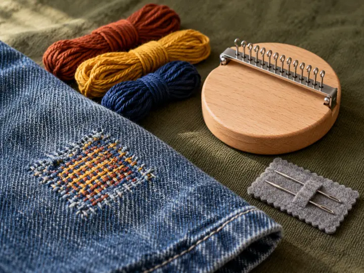 A small darning loom, cotton thread and stored needles beside a colorful woven repair on denim.