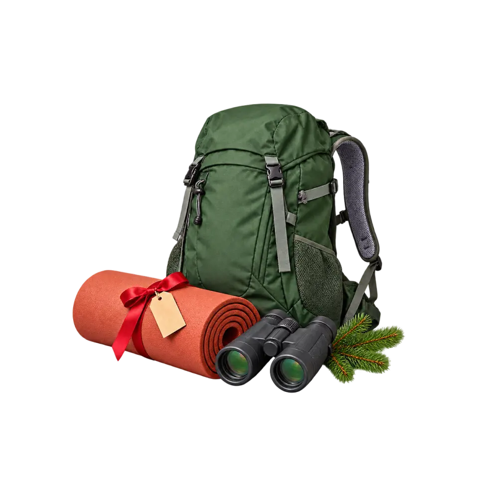 A green daypack, rolled camping mat tied with a red gift ribbon and binoculars beside a small evergreen sprig.