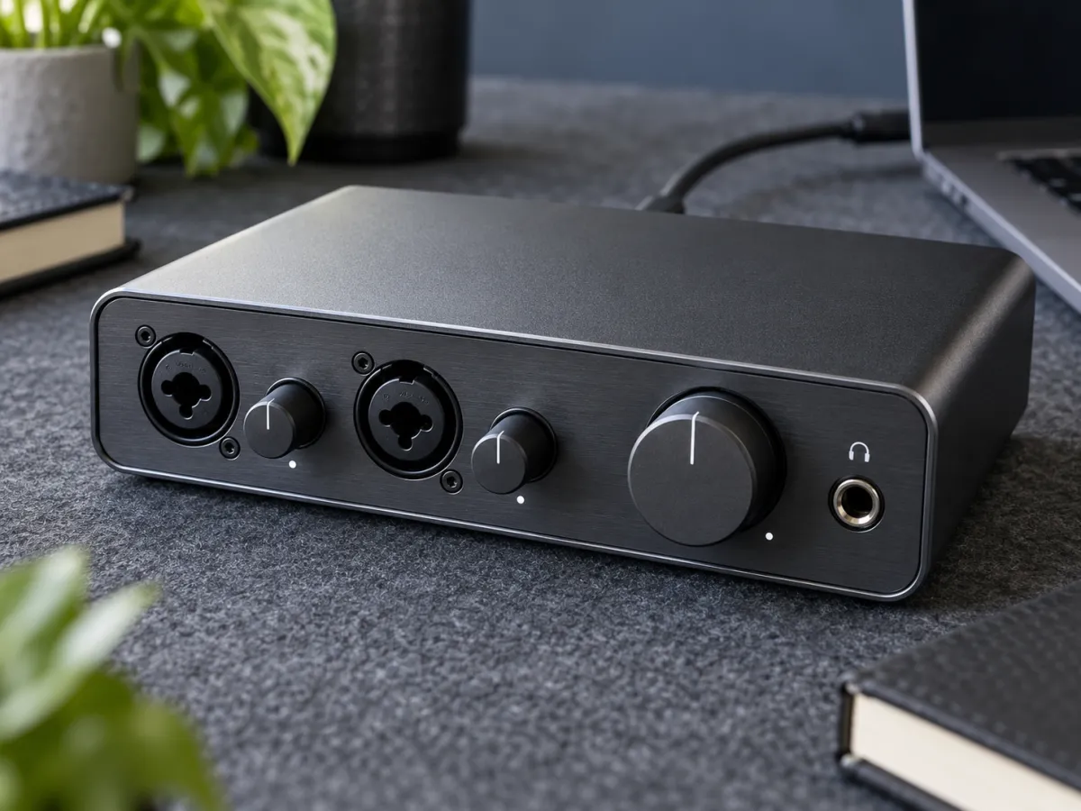 A graphite desktop audio interface with two input sockets and monitor controls on a gray recording desk.