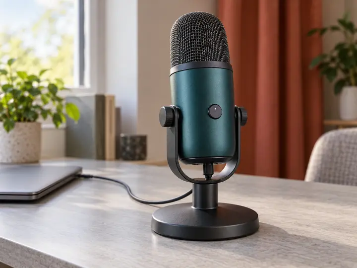 A dark teal USB microphone in a metal desk stand, with its cable running across a pale recording desk.