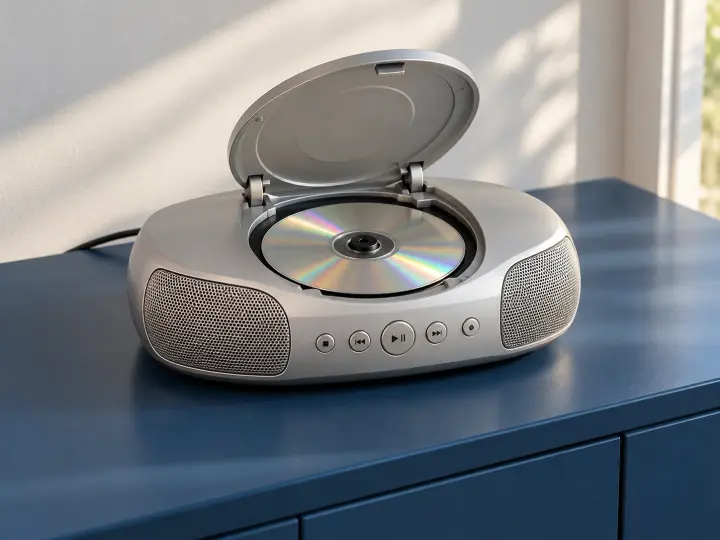 A compact silver CD player with an open lid and a disc seated inside, on a blue sideboard.