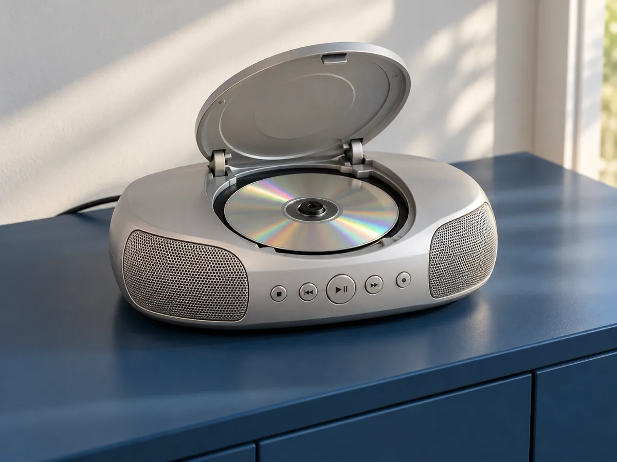 A compact silver CD player with an open lid and a disc seated inside, on a blue sideboard.