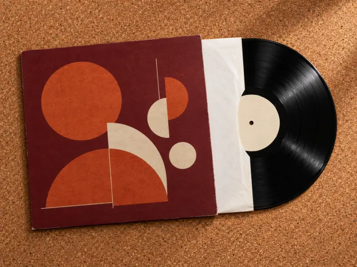 A black vinyl record partly drawn from its white inner sleeve and burgundy album cover.